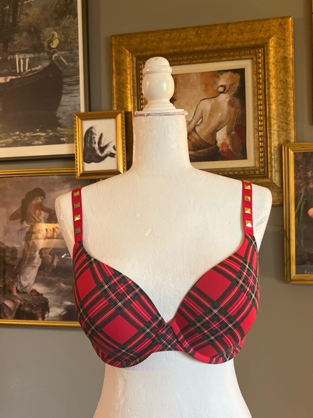 Red Plaid Underwire Bra with Stud-Accent Straps